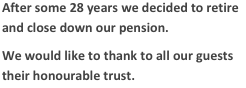 After some 28 years we decided to retire and close down our pension.
We would like to thank to all our guests their honourable trust.